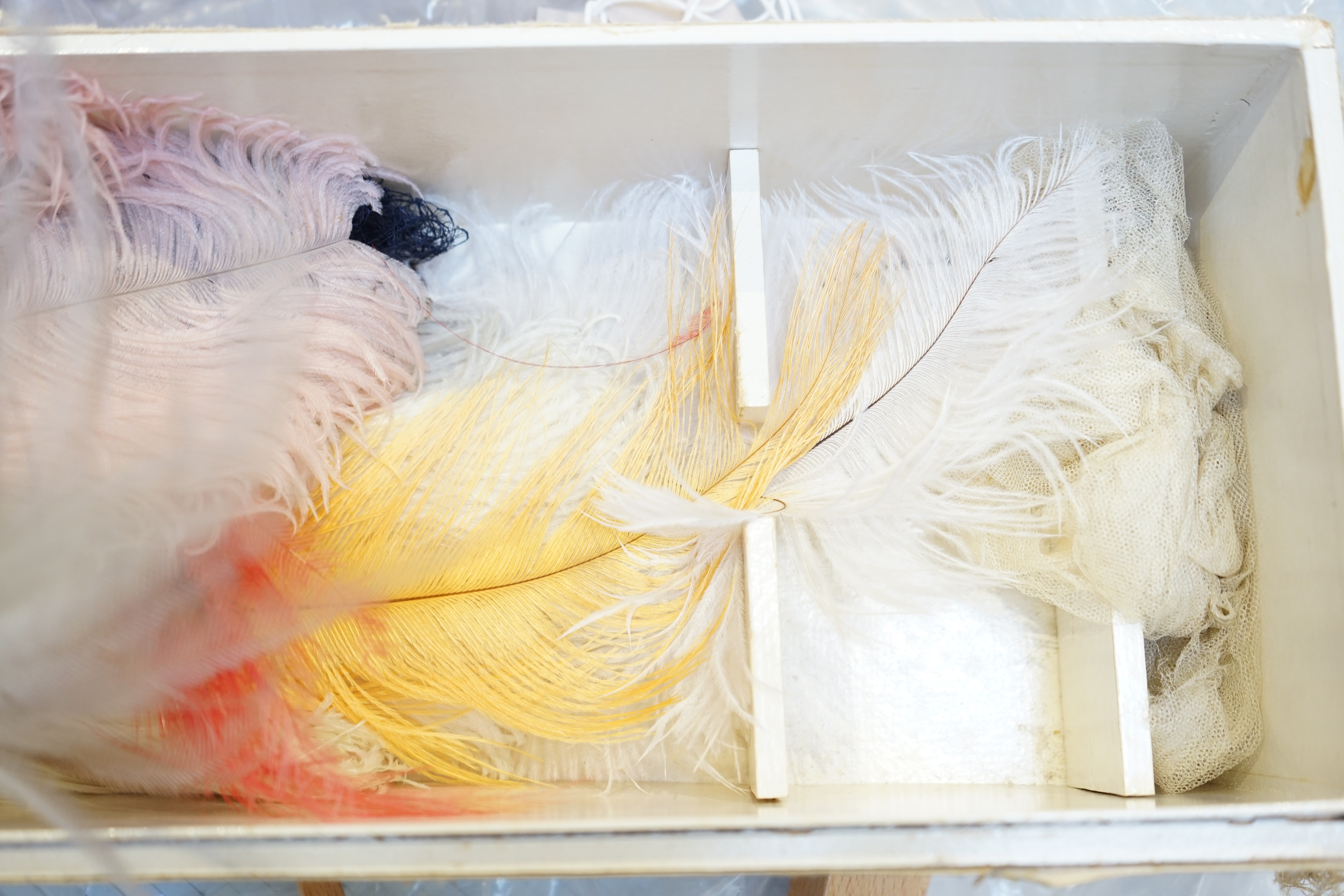 A selection of feathers, including head dress and veil for presentation at Court (in period box).